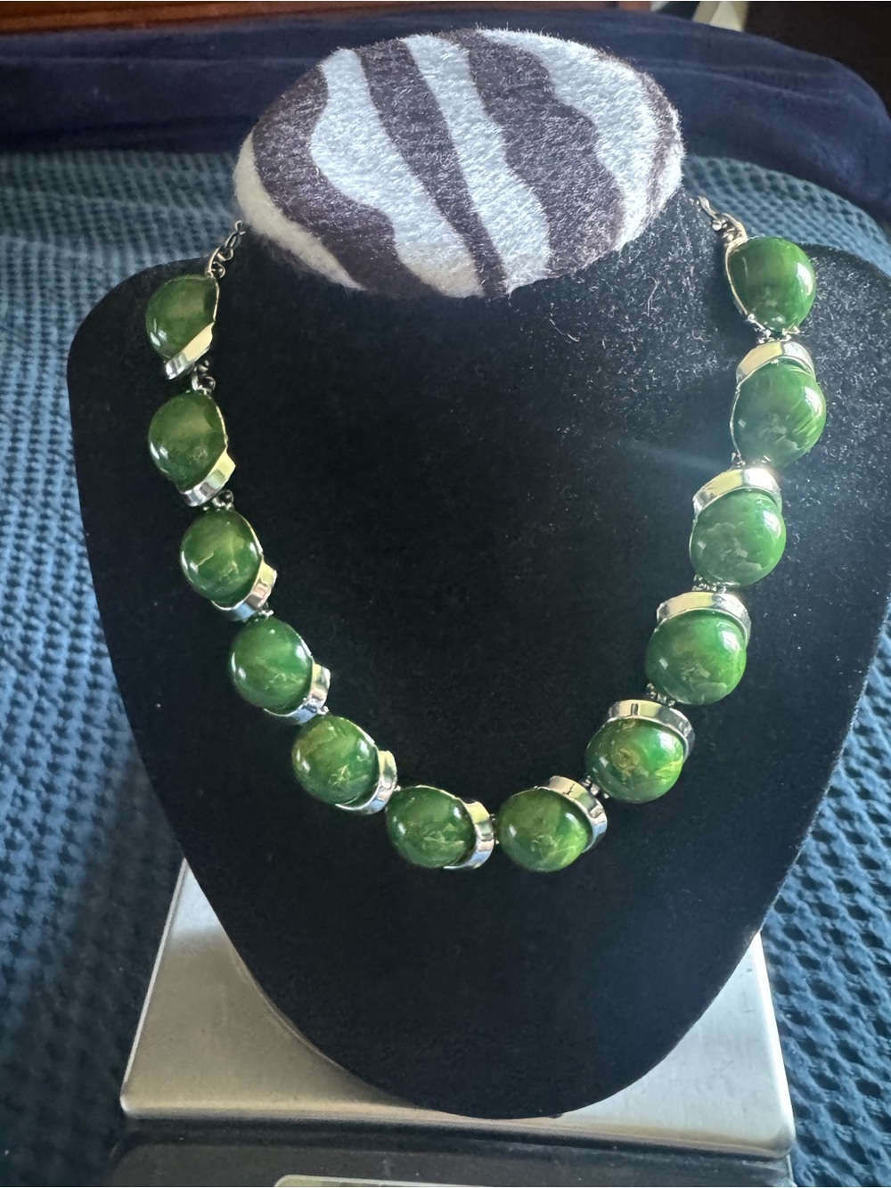 Art Deco Necklace with creamed spinach Bakelite cabochons, EUC.
